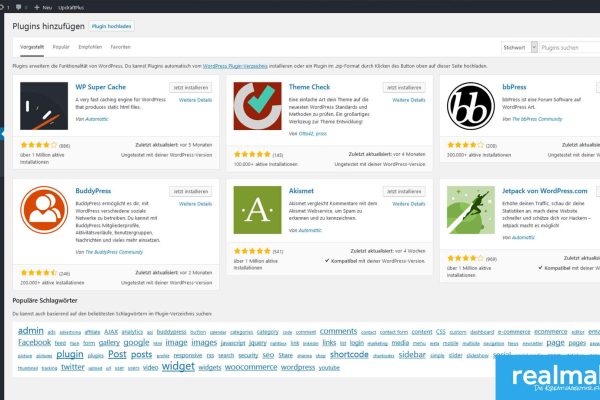 Screenshot der WordPress-Oberfläche zur Installation von Plugins. Zu sehen sind verschiedene Plugins wie WP Super Cache, Theme Check, bbPress, BuddyPress, Akismet und Jetpack. Jedes Plugin zeigt Bewertungen, Anzahl der aktiven Installationen und Aktualisierungsinformationen an. Links befindet sich ein Navigationsmenü mit Optionen wie Dashboard, Beiträge, Design und Einstellungen. Unten befindet sich eine Liste mit populären Schlagwörtern wie admin, plugin, und widget. Im rechten unteren Bereich ist das Logo der Kreativagentur realmaker zu sehen.