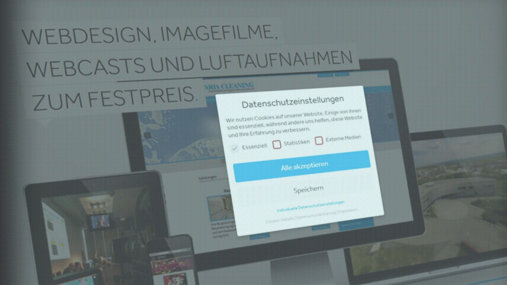 Das Bild zeigt ein großes Keks-Icon über einem verschwommenen Hintergrund mit dem Logo und Namen der Kreativagentur r...