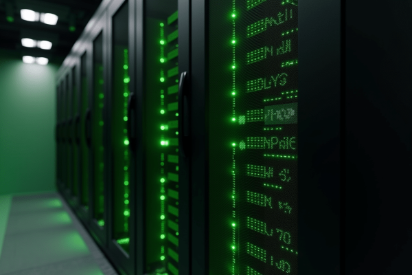 Serverraum mit Reihen von schwarzen Server-Racks, grüne Leuchten zeigen den Betrieb an.