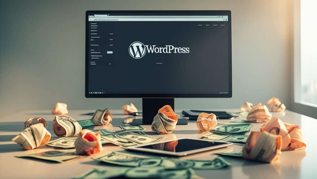 Ein Computerbildschirm zeigt die WordPress-Oberfläche. Auf dem Schreibtisch davor liegen viele gefaltete Geldscheine und ein Tablet. Die Szene vermittelt den Eindruck von finanziellem Erfolg und Kreativität, passend zur Beschreibung einer Kreativagentur für Film- und Web, die WordPress als CMS verwendet.