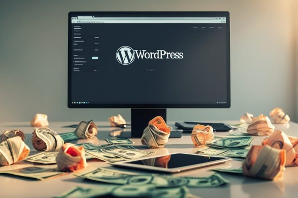 Ein Computerbildschirm zeigt die WordPress-Oberfläche. Auf dem Schreibtisch davor liegen viele gefaltete Geldscheine und ein Tablet. Die Szene vermittelt den Eindruck von finanziellem Erfolg und Kreativität, passend zur Beschreibung einer Kreativagentur für Film- und Web, die WordPress als CMS verwendet.