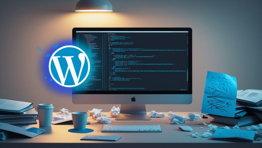 Ein moderner Computerbildschirm auf einem unordentlichen Schreibtisch zeigt Quellcode. Neben dem Bildschirm schwebt das WordPress-Logo. Der Schreibtisch ist überladen mit zusammengeknülltem Papier, Pappbechern und Notizen, beleuchtet von einer Schreibtischlampe.