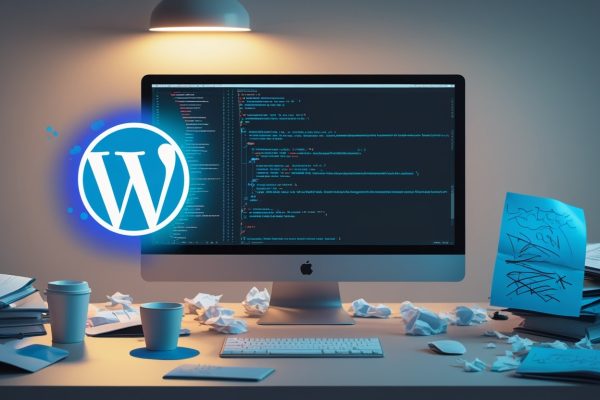 Ein moderner Computerbildschirm auf einem unordentlichen Schreibtisch zeigt Quellcode. Neben dem Bildschirm schwebt das WordPress-Logo. Der Schreibtisch ist überladen mit zusammengeknülltem Papier, Pappbechern und Notizen, beleuchtet von einer Schreibtischlampe.