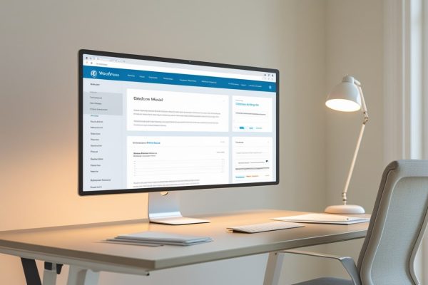 Das Bild zeigt ein stilisiertes WordPress-Logo auf einem dunklen Hintergrund, das die Dienstleistungen der Agentur re...