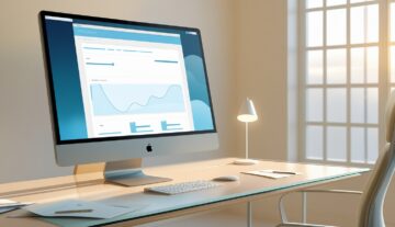 „Büro von realmaker: Zwei PCs mit WordPress auf Bildschirmen in einem modernen, hellen Raum mit Pflanzen und Deko.“