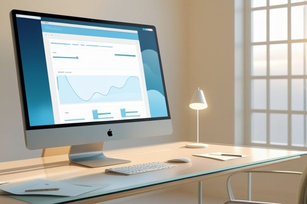 „Büro von realmaker: Zwei PCs mit WordPress auf Bildschirmen in einem modernen, hellen Raum mit Pflanzen und Deko.“