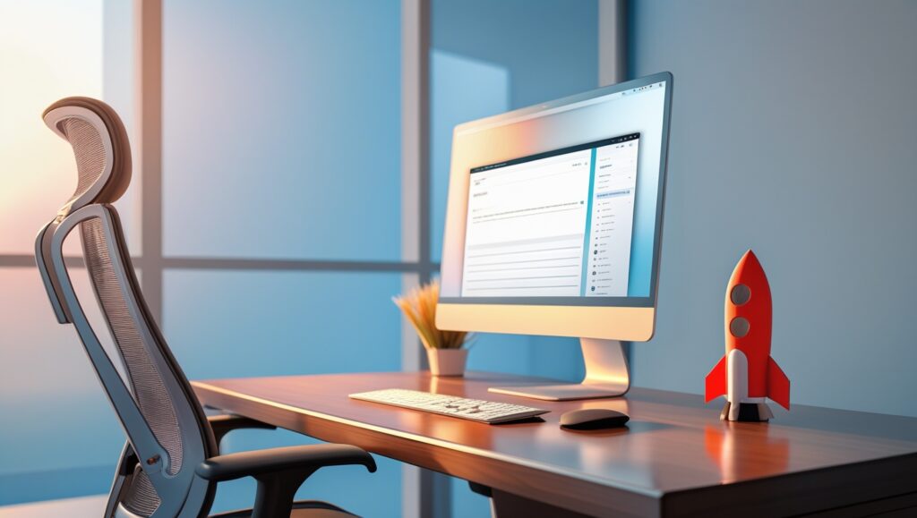 Ein modernes Büro mit einem eleganten Schreibtisch und einem ergonomischen Stuhl, auf dem ein Computerbildschirm mit einer geöffneten WordPress-Admin-Oberfläche zu sehen ist. Auf dem Tisch befinden sich eine Tastatur, eine Maus und ein kleines Modell einer rote Rakete. Im Hintergrund scheint Tageslicht durch große Fenster.