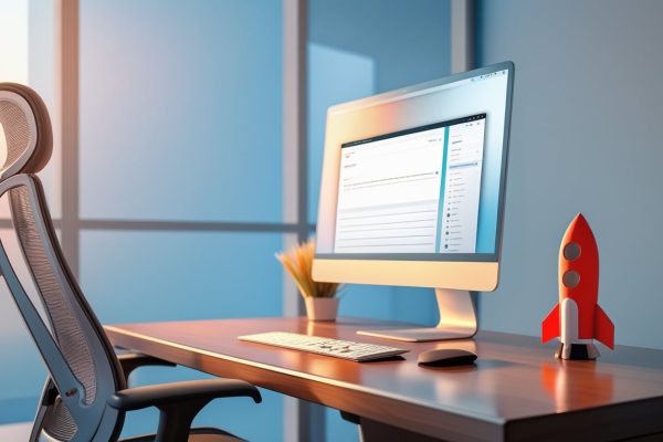 Ein modernes Büro mit einem eleganten Schreibtisch und einem ergonomischen Stuhl, auf dem ein Computerbildschirm mit einer geöffneten WordPress-Admin-Oberfläche zu sehen ist. Auf dem Tisch befinden sich eine Tastatur, eine Maus und ein kleines Modell einer rote Rakete. Im Hintergrund scheint Tageslicht durch große Fenster.