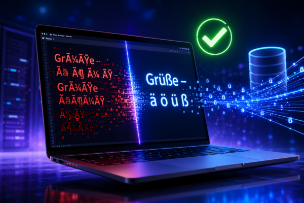 Laptop zeigt kaputte Umlaute (Mojibake) links und reparierte Umlaute rechts