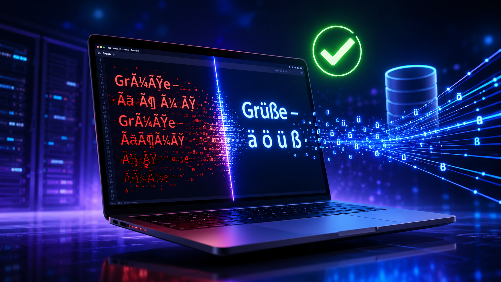 Laptop zeigt kaputte Umlaute (Mojibake) links und reparierte Umlaute rechts