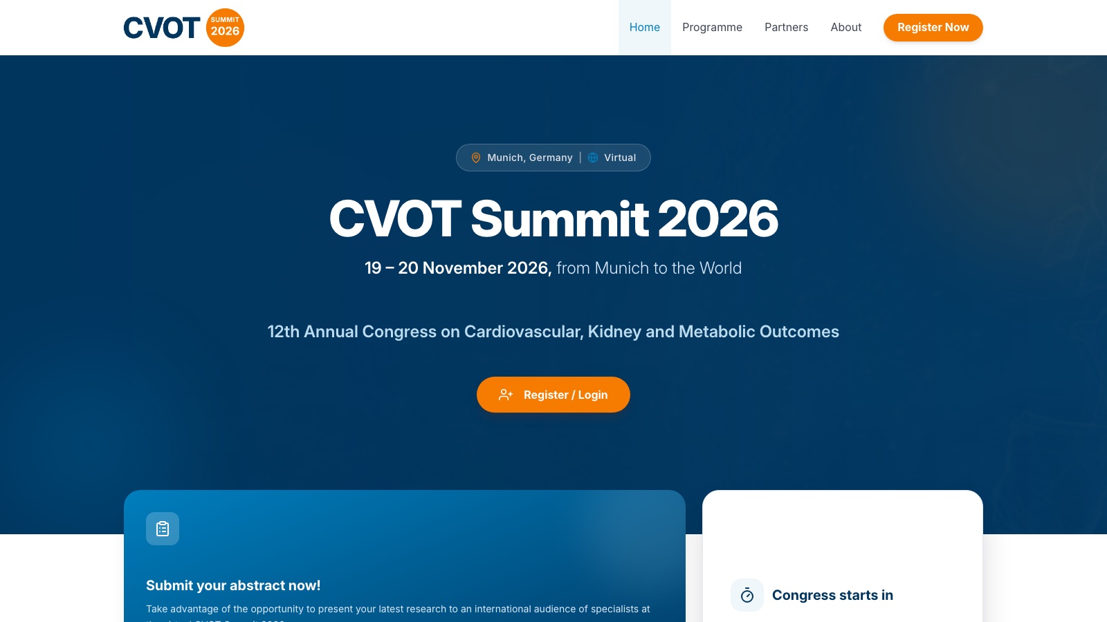 Startseite der virtuellen Kongress-Plattform CVOT Summit 2026 auf cvot.org