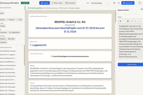 Oberfläche des Offenlegungs-XML Editors mit einem Beispiel-Jahresabschluss und Dokumentstruktur