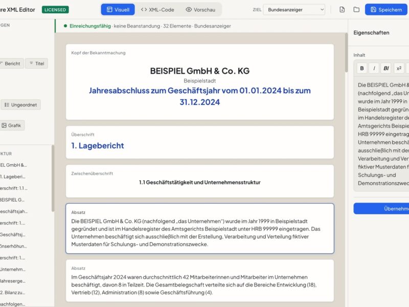 Oberfläche des Offenlegungs-XML Editors mit einem Beispiel-Jahresabschluss und Dokumentstruktur