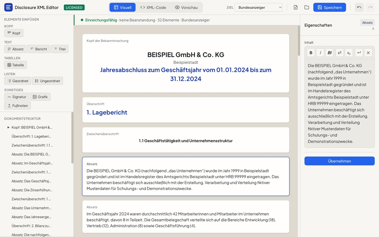 Oberfläche des Offenlegungs-XML Editors mit einem Beispiel-Jahresabschluss und Dokumentstruktur