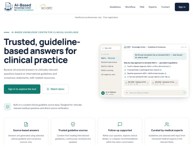 Landingpage ckm-guidelines.org der sciarc GmbH mit interaktiver Chat-Präsentation des KI-Wissenszentrums