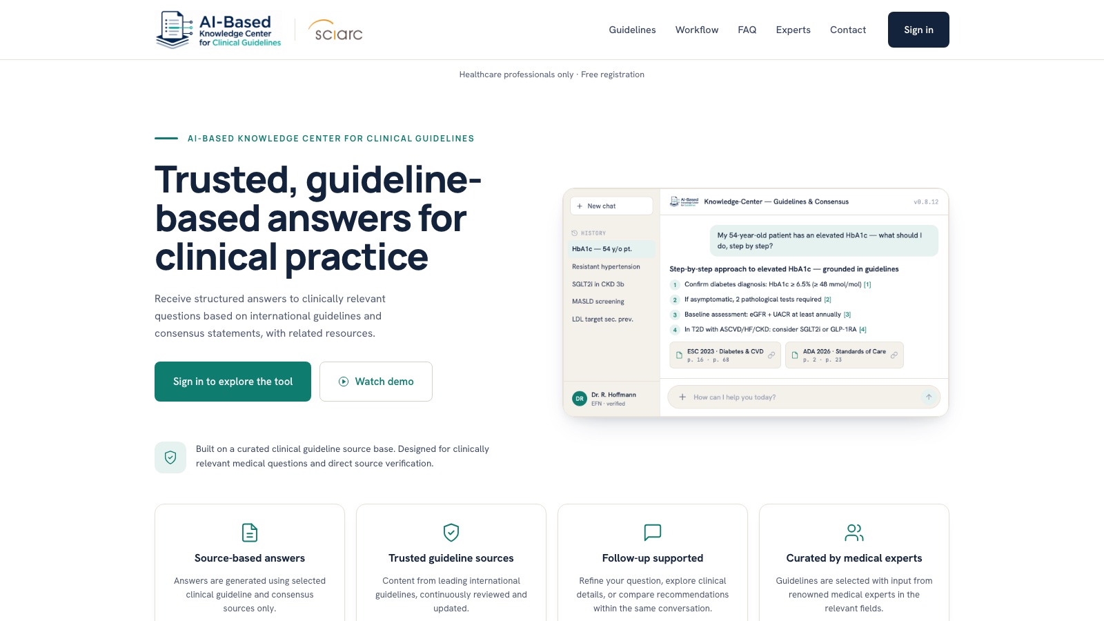 Landingpage ckm-guidelines.org der sciarc GmbH mit interaktiver Chat-Präsentation des KI-Wissenszentrums