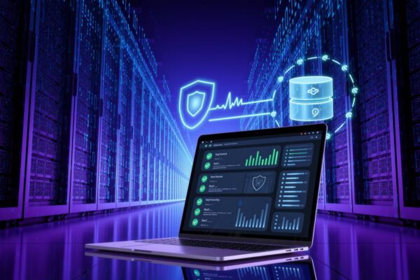 Laptop mit WordPress-Wartungs-Dashboard vor Serverschränken, darüber Symbole für Sicherheit, Monitoring und Backup