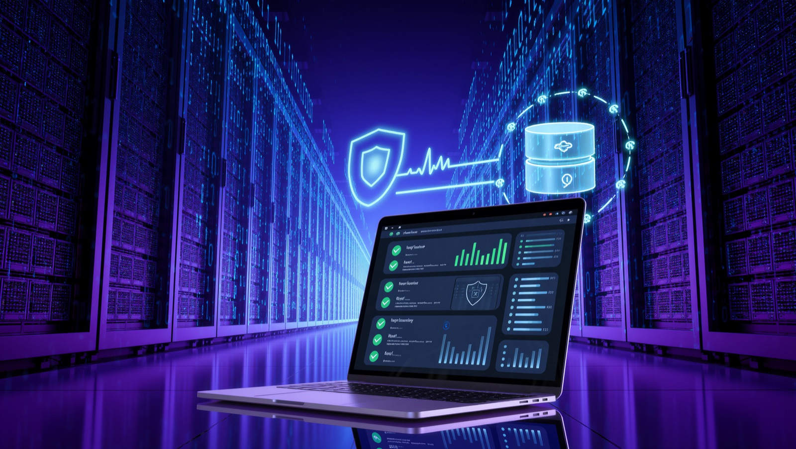 Laptop mit WordPress-Wartungs-Dashboard vor Serverschränken, darüber Symbole für Sicherheit, Monitoring und Backup