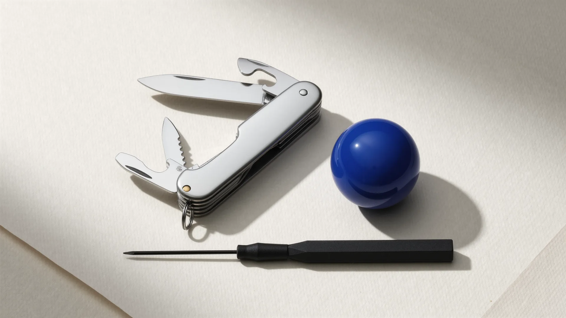 An opened stainless-steel multi-tool pocket knife, next to it a black precision screwdriver and a cobalt-blue sphere on light paper