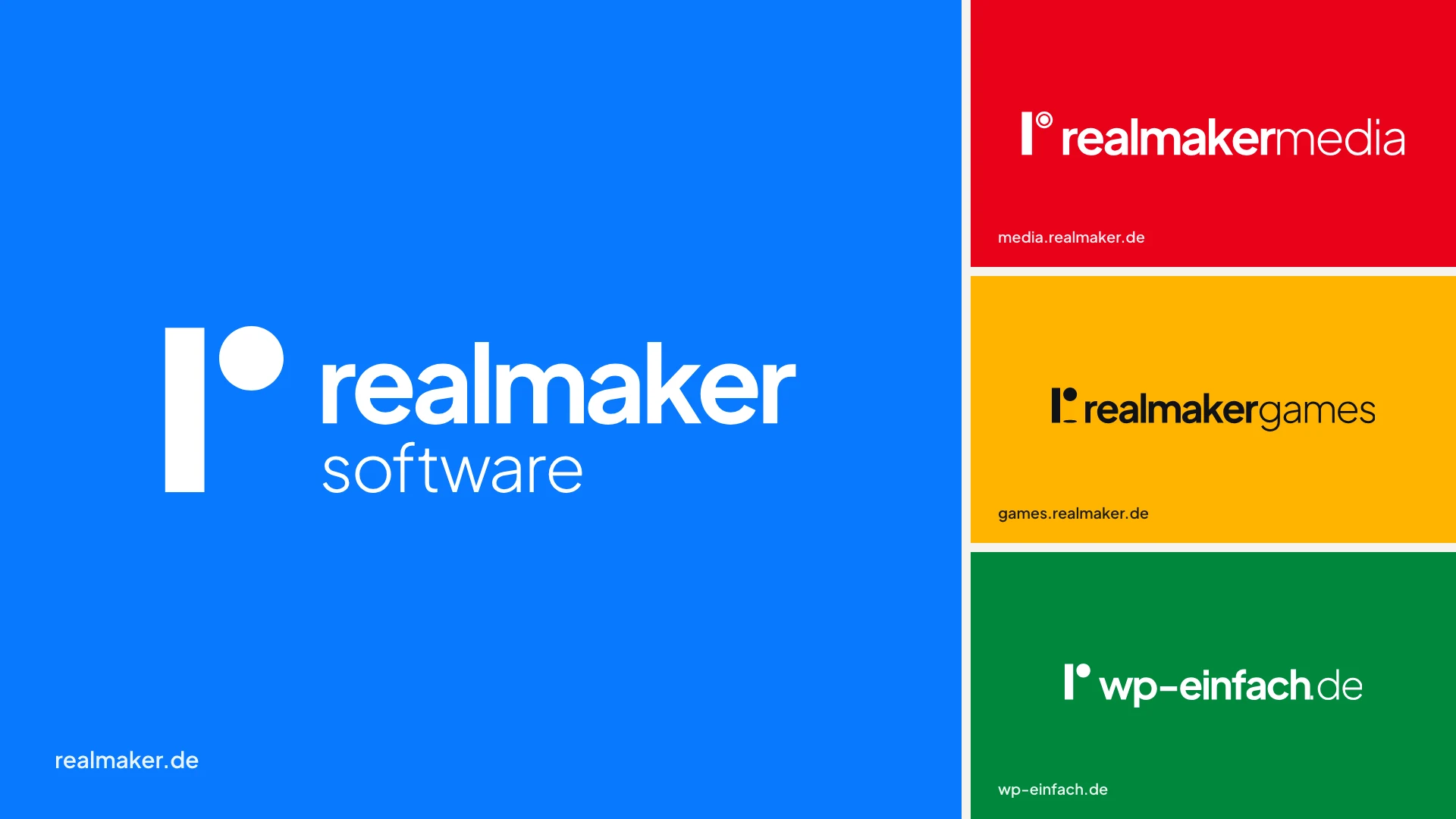 Vier Farbflächen mit Logo und Adresse: realmaker software in Blau, realmaker media in Rot, realmaker games in Gelb und wp-einfach.de in Grün