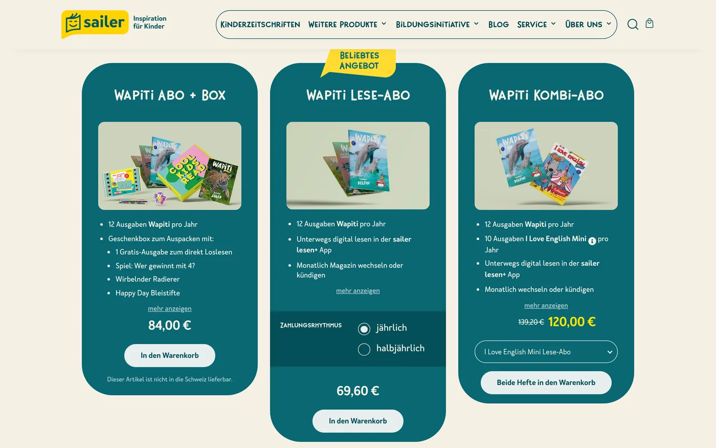 Webshop des Sailer Verlags: Abo-Varianten der Kinderzeitschrift Wapiti mit Zahlungsrhythmus, Kombi-Angebot und Warenkorb