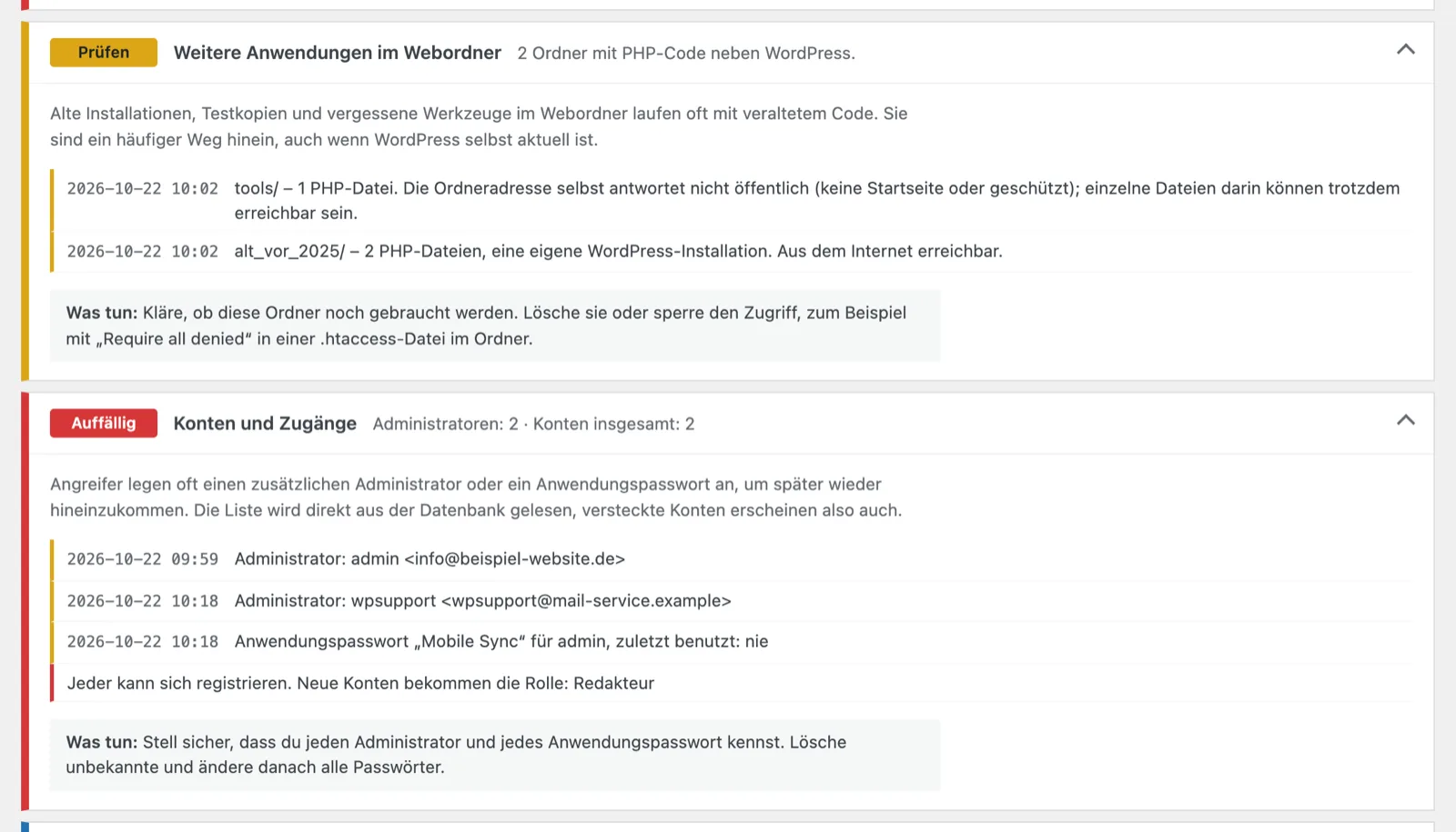 Aufgeklappte Bereiche „Weitere Anwendungen im Webordner“ und „Konten und Zugänge“ mit alter WordPress-Kopie und unbekanntem Administrator