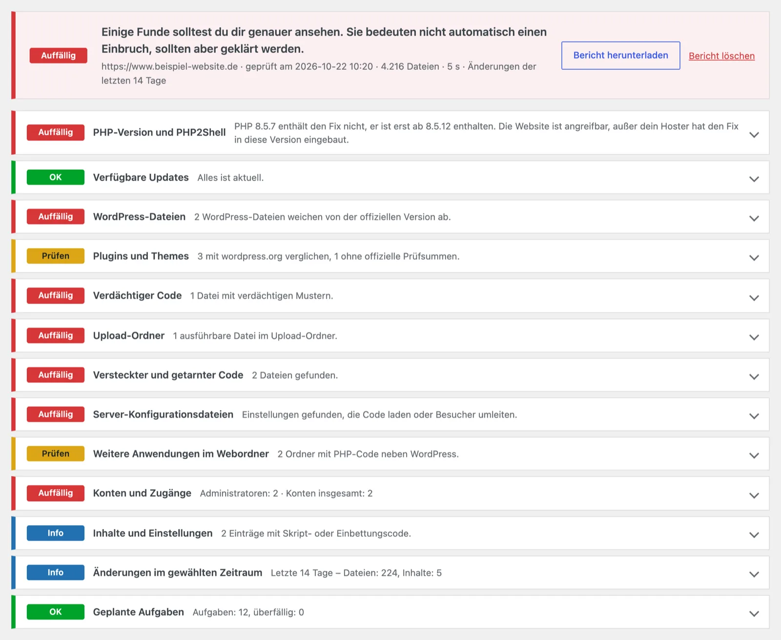Bericht des realmaker Security Quick Check mit Gesamtbewertung und 13 Prüfbereichen, jeweils mit Ampel