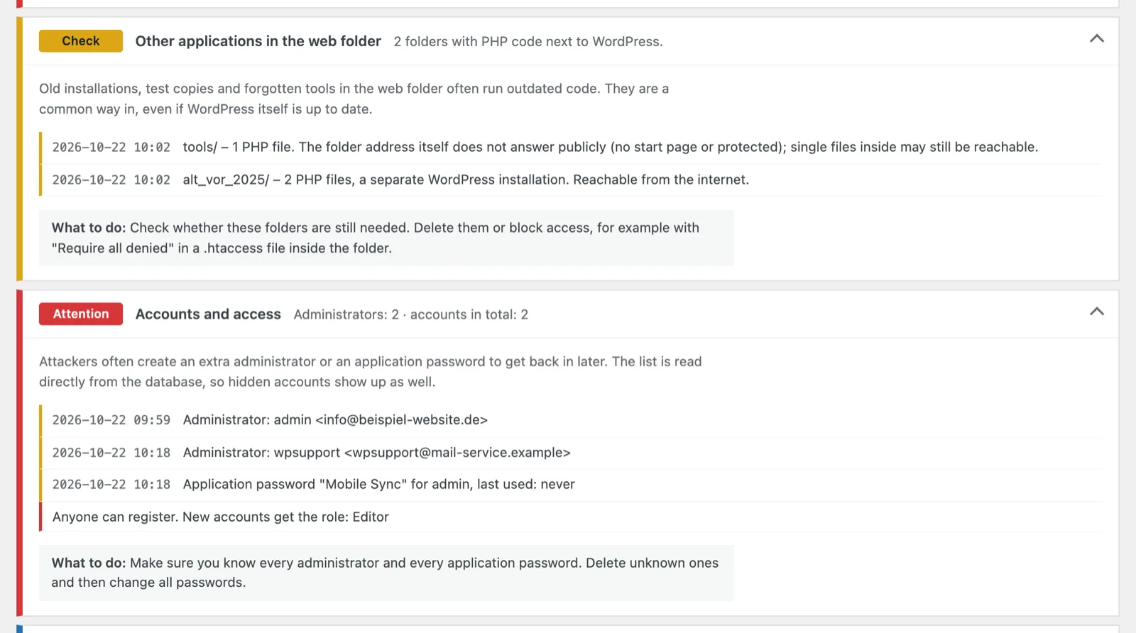 Expanded sections “Other applications in the web folder” and “Accounts and access” with an old WordPress copy and an unknown administrator