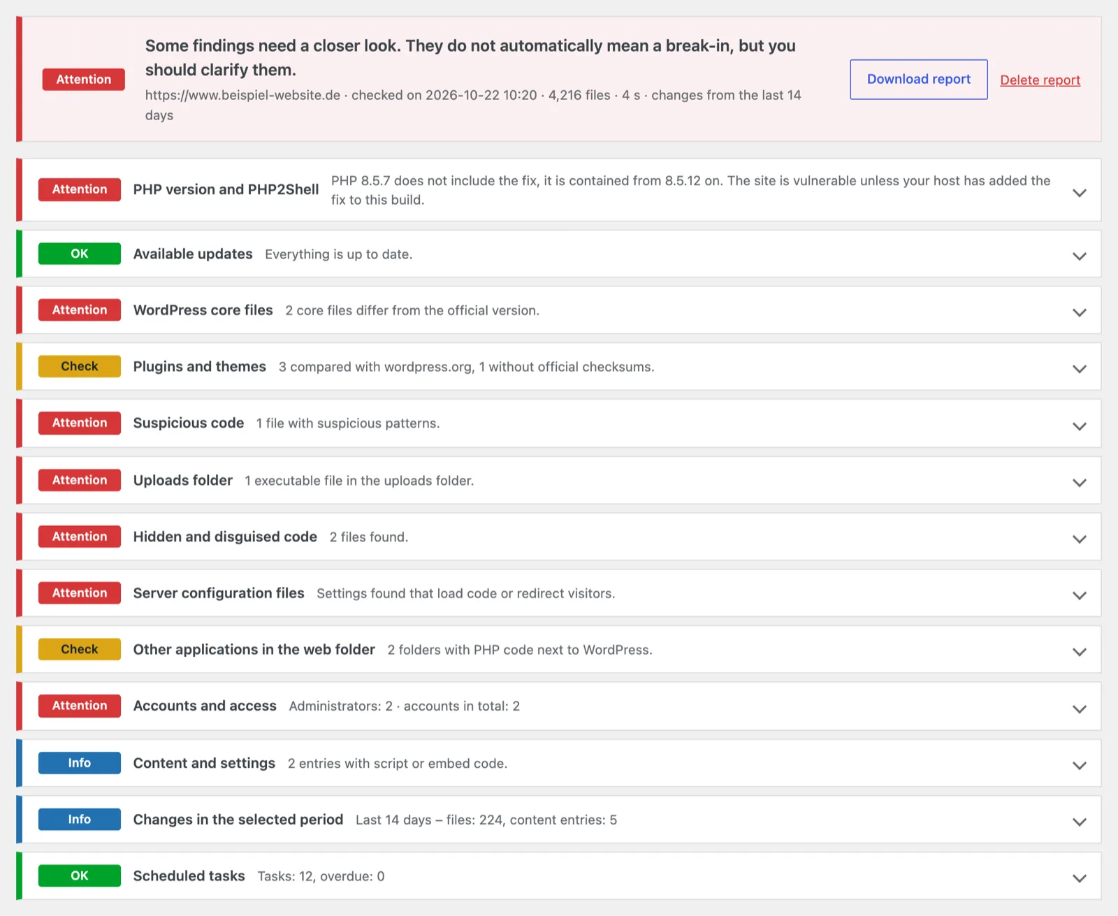 Report of the realmaker Security Quick Check with overall rating and 13 check areas, each with a rating