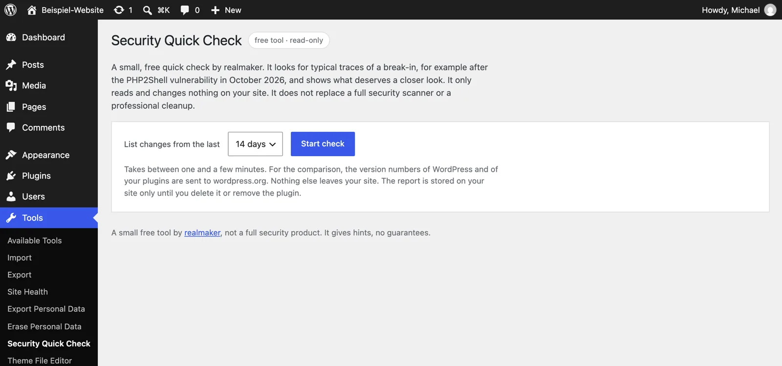 Start page of the realmaker Security Quick Check under Tools with period selection and “Start check” button