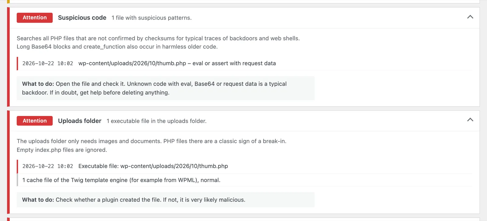 Expanded sections “Suspicious code” and “Uploads folder” with a found PHP file and advice