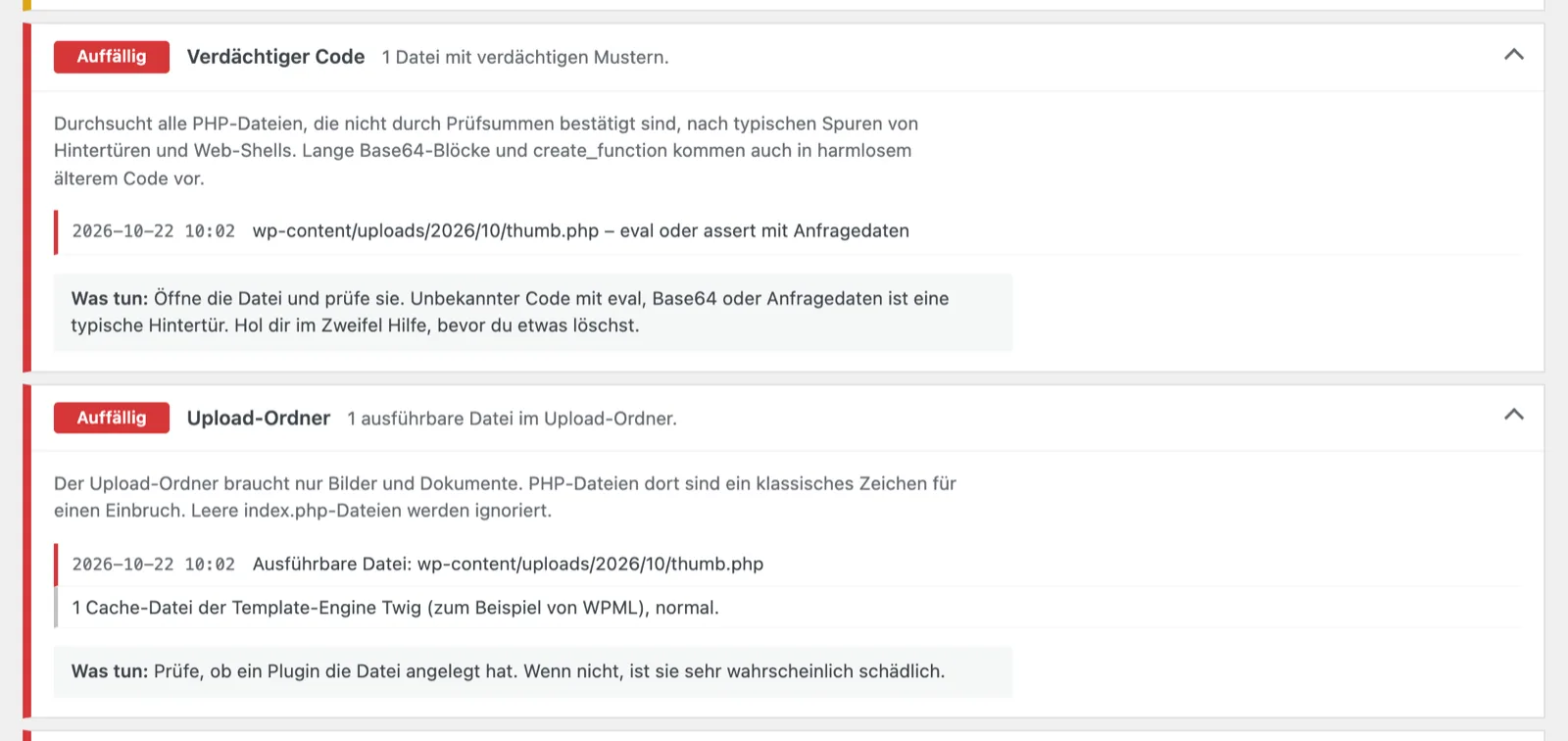 Aufgeklappte Bereiche „Verdächtiger Code“ und „Upload-Ordner“ mit gefundener PHP-Datei und Handlungsempfehlung