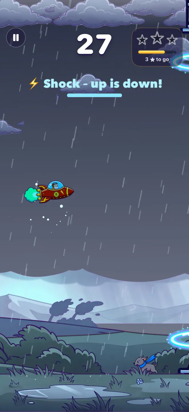 Thunderstorm level: the hint “Shock – up is down!” appears as the Spaceship flies through the rain