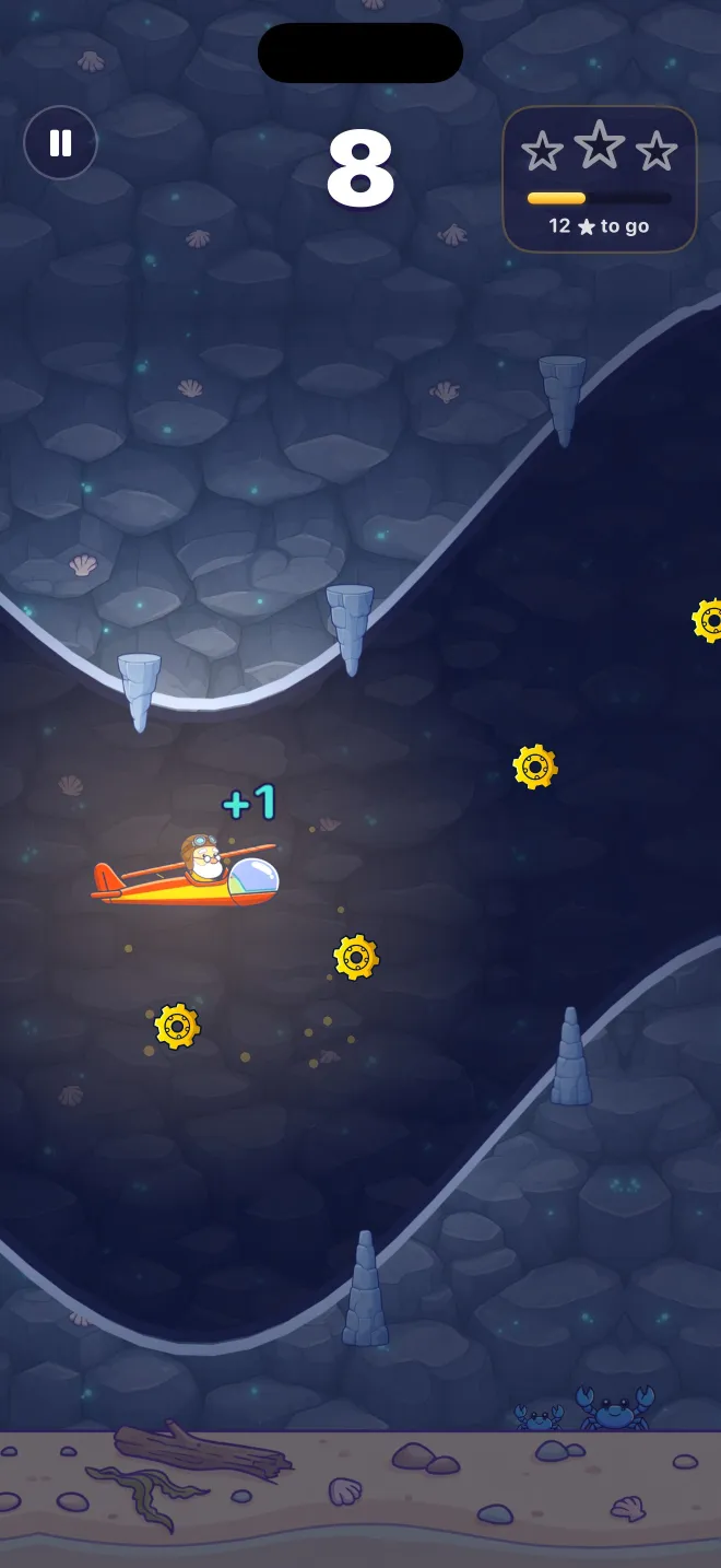 Coast level: the Professor flies through a cave, past gears and stalactites