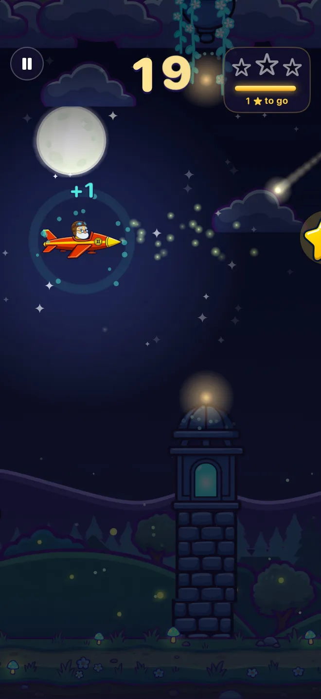 Night Sky level: the Professor flies past the full moon and a shooting star, a beacon glows below
