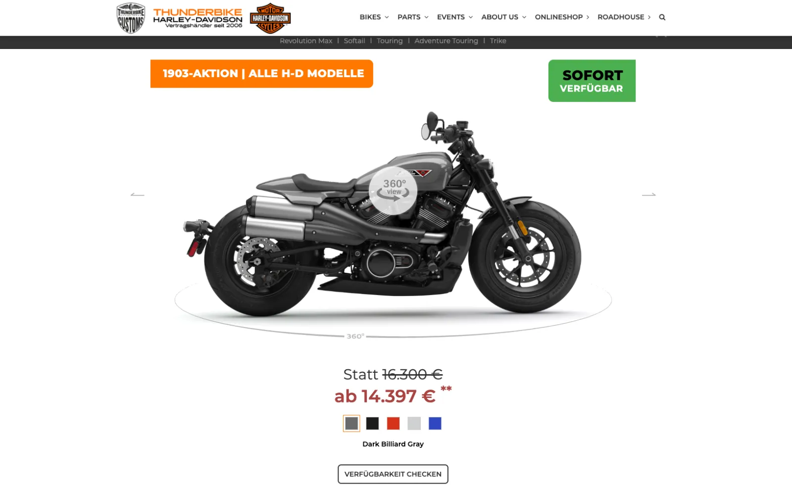 Thunderbike-Produktseite der Sportster S mit Farbvarianten und dem Live-Status „Sofort verfügbar“