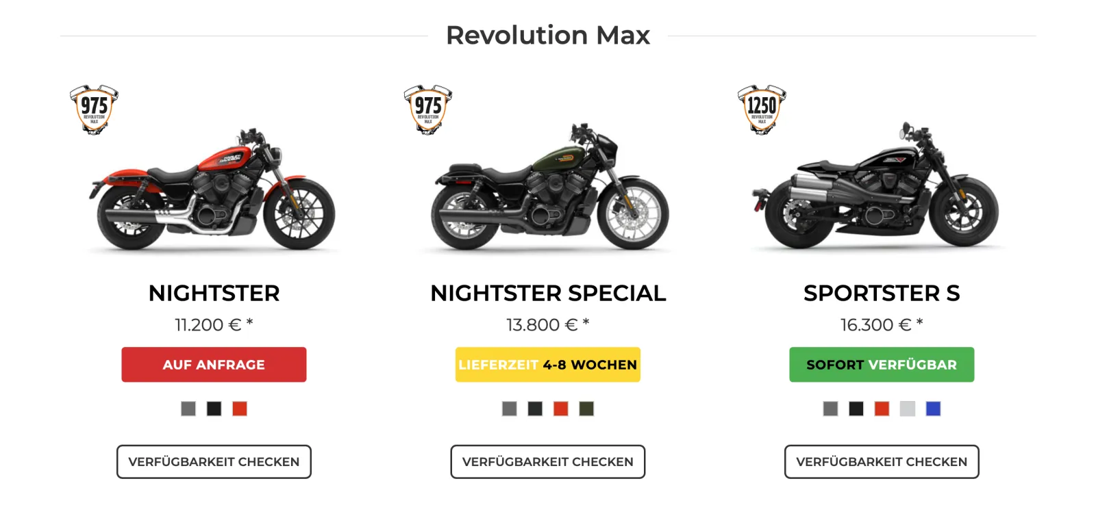 Thunderbike-Neufahrzeuge mit Live-Verfügbarkeit: „Auf Anfrage“, „Lieferzeit 4–8 Wochen“, „Sofort verfügbar“
