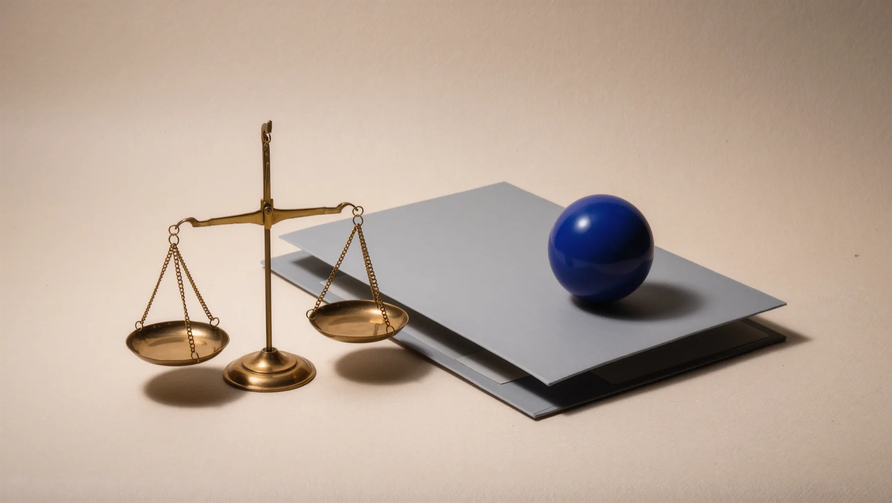 Small brass scale next to a gray folder, a cobalt-blue sphere on top