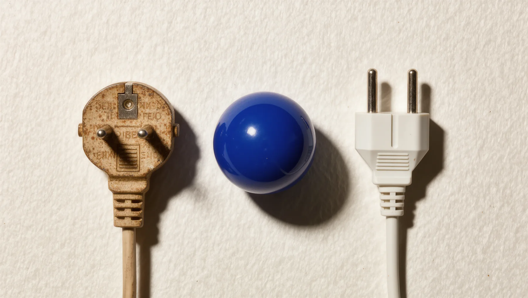 Old and new plug side by side, a cobalt-blue sphere between them