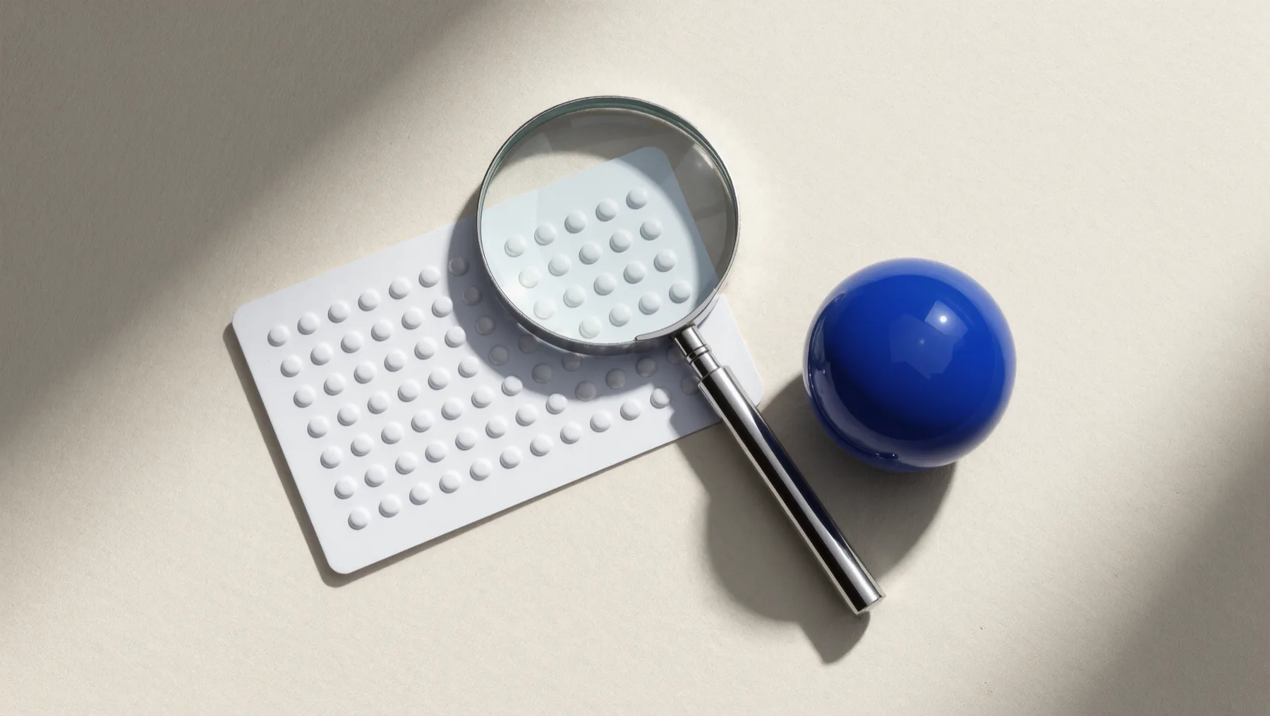 Card with raised dots like Braille and a magnifying glass, a cobalt-blue sphere beside them