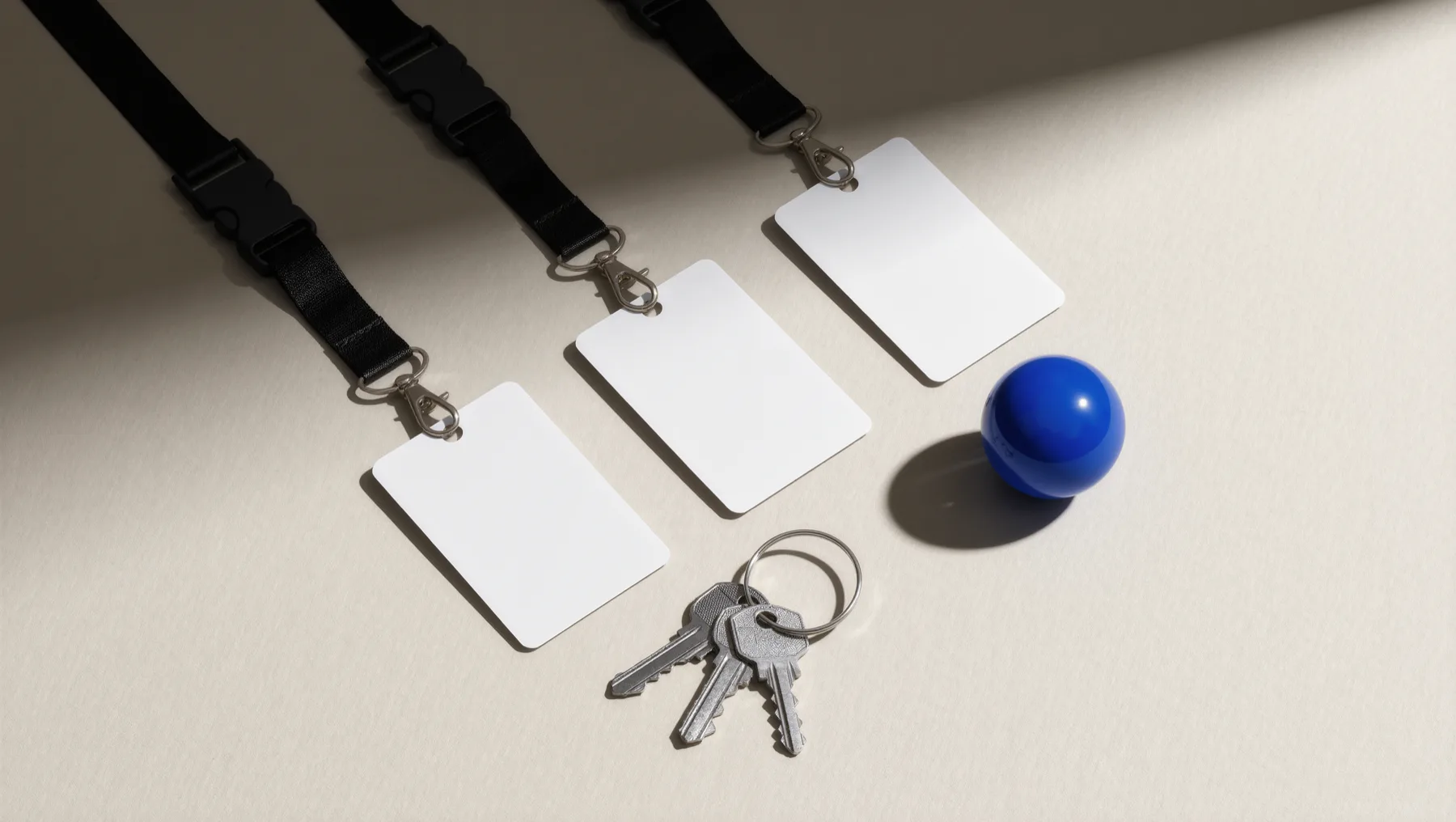 Three blank name tags on lanyards and a bunch of keys, a cobalt-blue sphere beside them