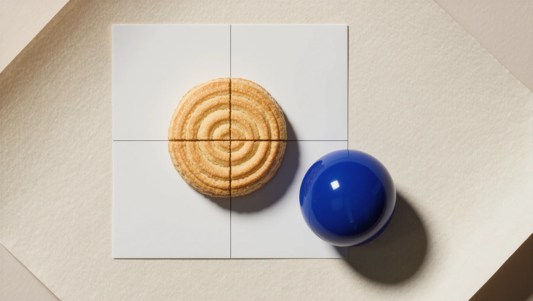 Cookie exactly in the center of a card with guide lines, a cobalt-blue sphere beside it