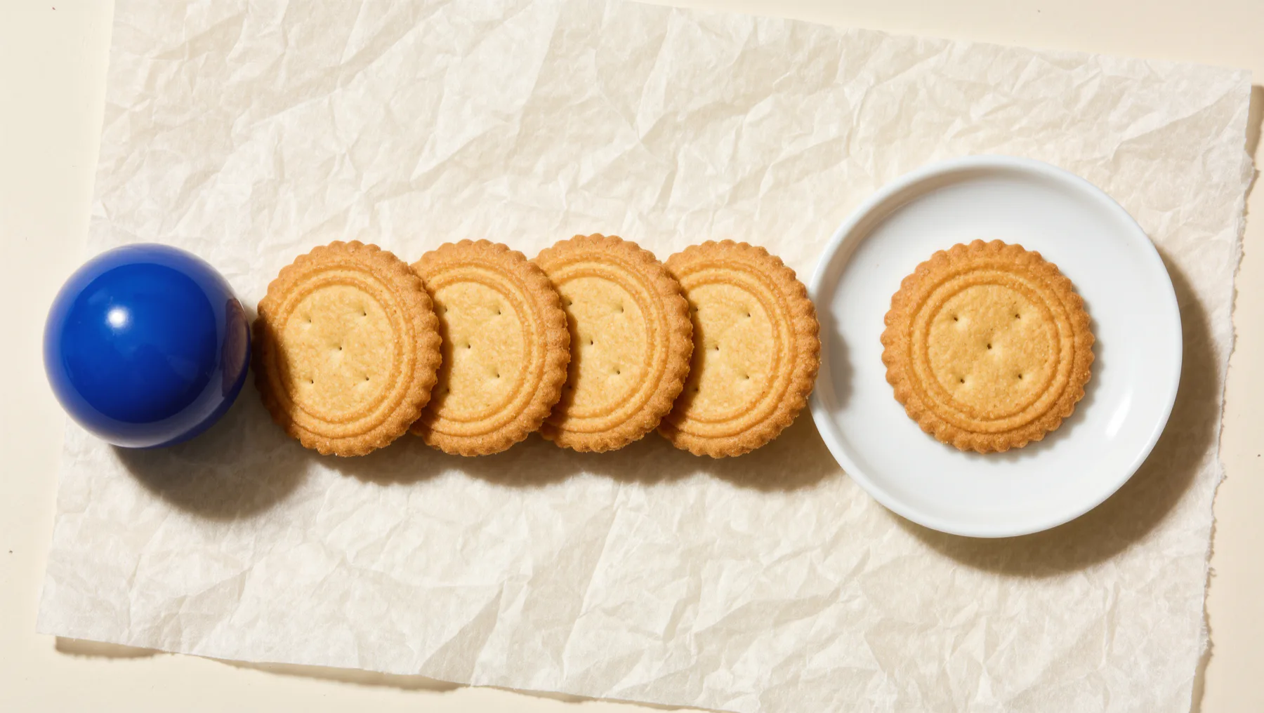 Row of cookies, one on a small plate, a cobalt-blue sphere at the start