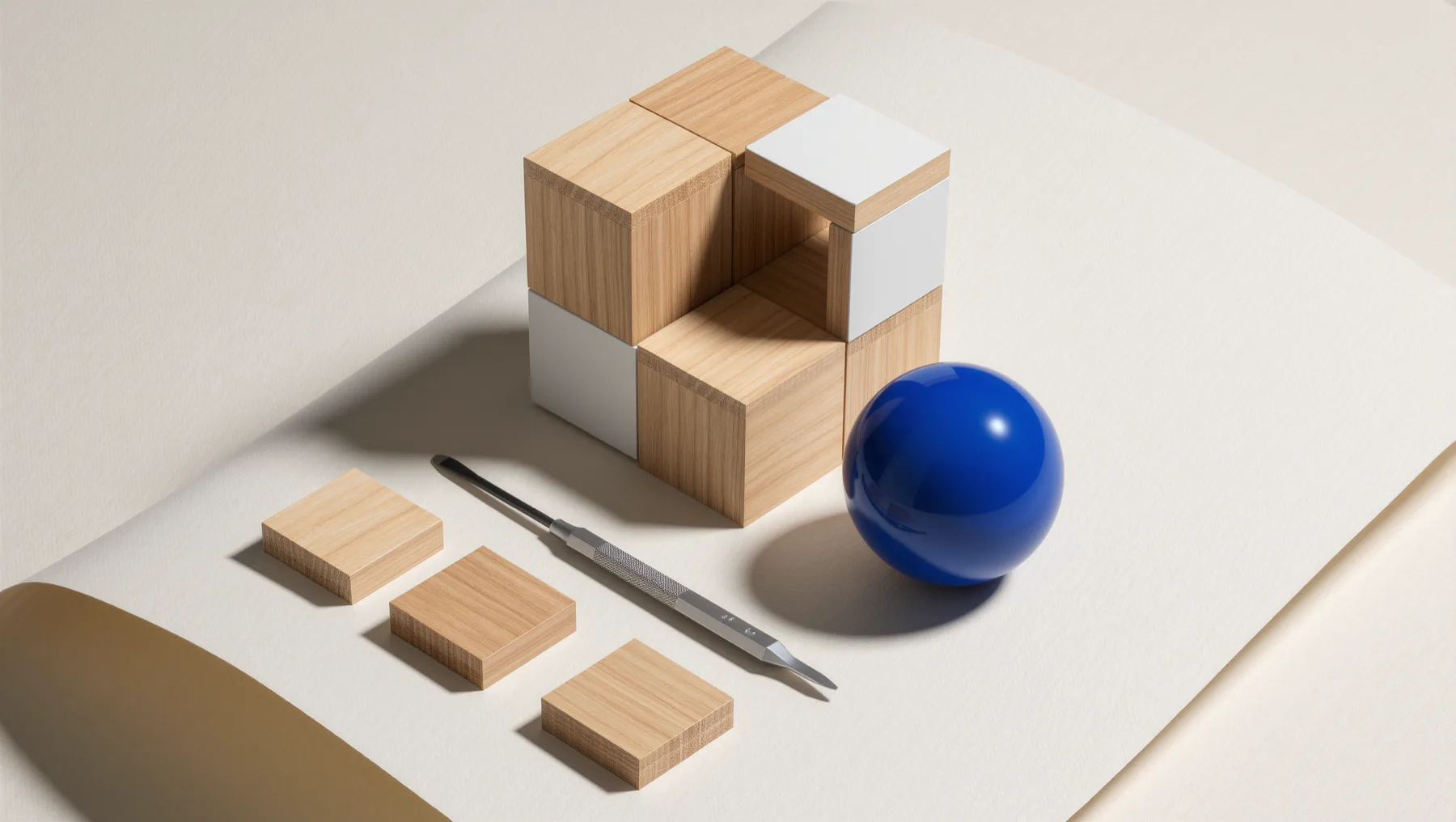 Cube of wooden and white building blocks, loose parts and a screwdriver, a cobalt-blue sphere beside them