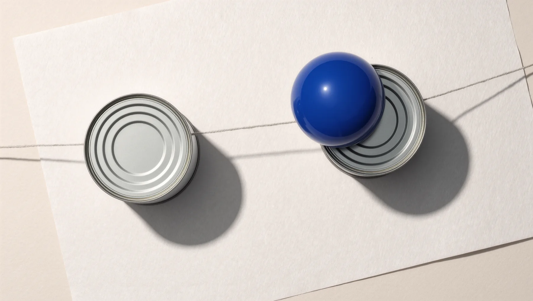 Two tin cans connected by a string, a cobalt-blue sphere on one of them