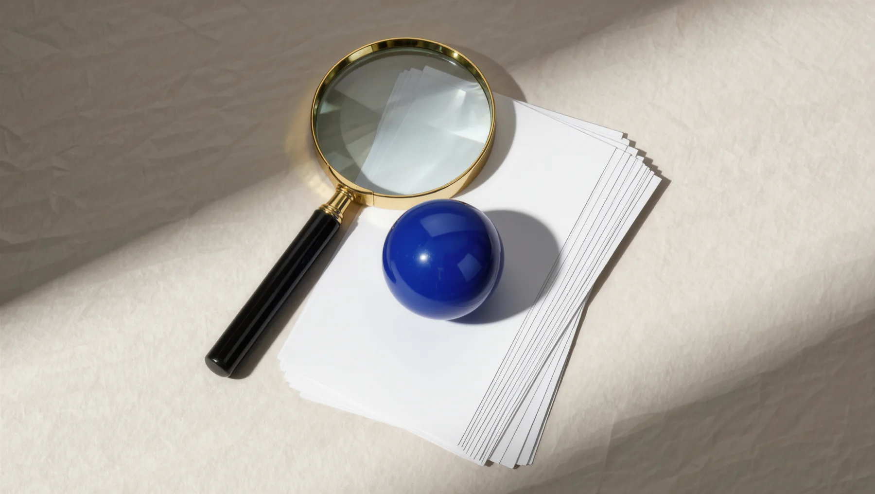 Magnifying glass over blank index cards, a cobalt-blue sphere below