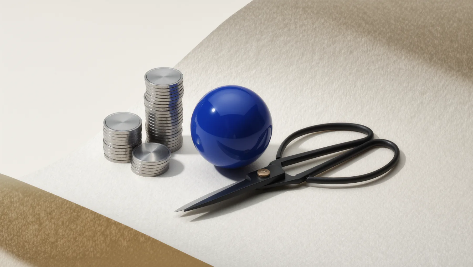 Stacked metal discs like coins and open scissors, a cobalt-blue sphere between them
