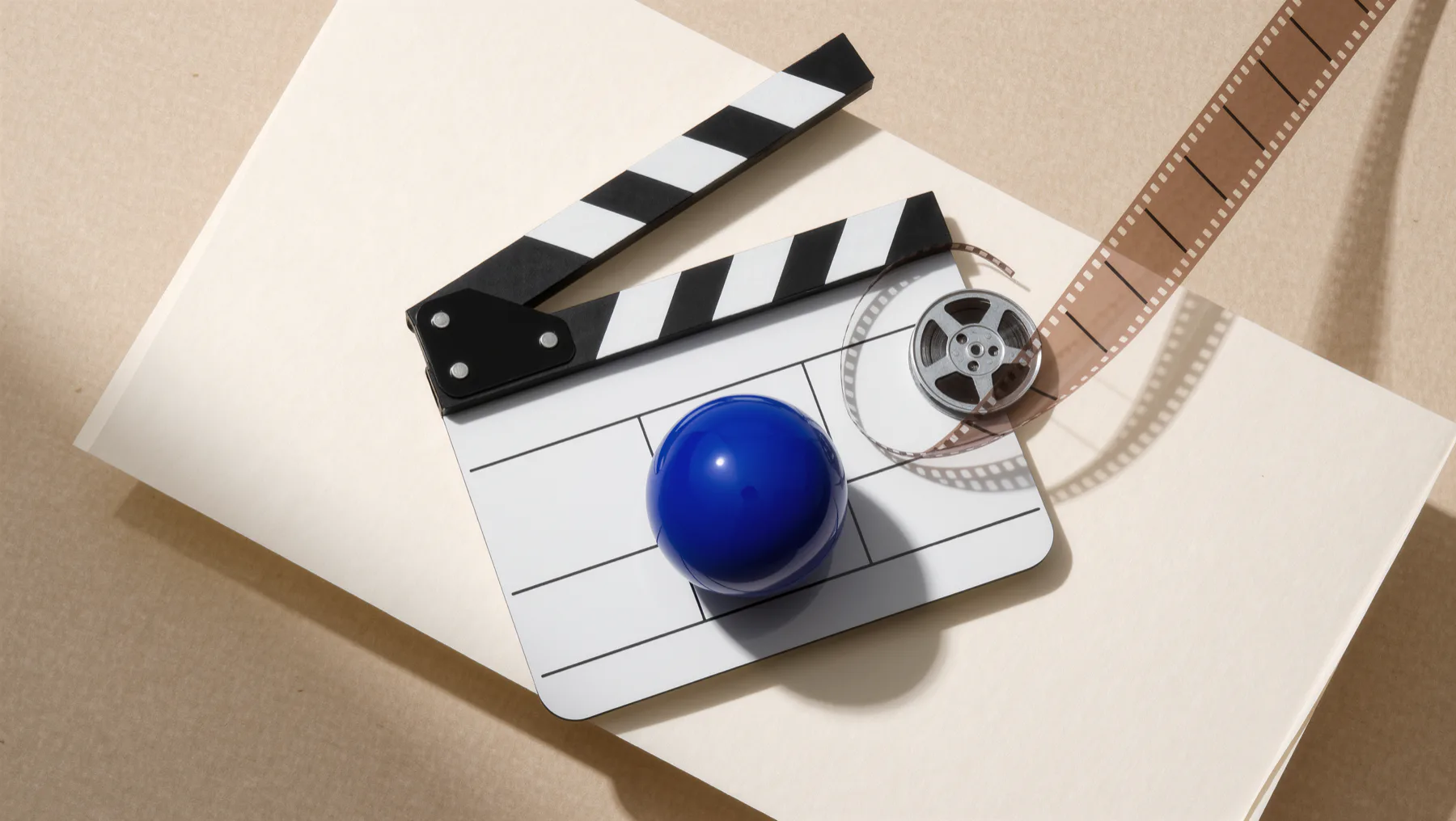 Clapperboard, film reel and filmstrip on paper, a cobalt-blue sphere on the clapperboard
