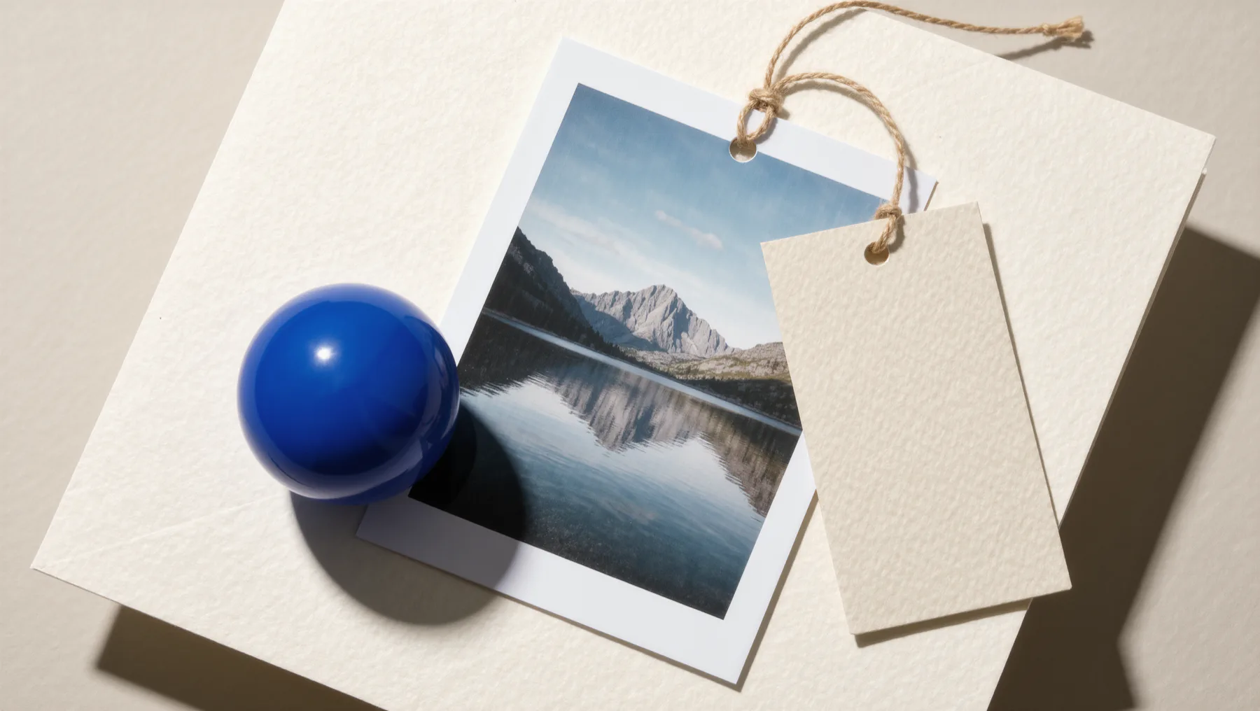 Photo of a mountain landscape with an empty tag, a cobalt-blue sphere in front