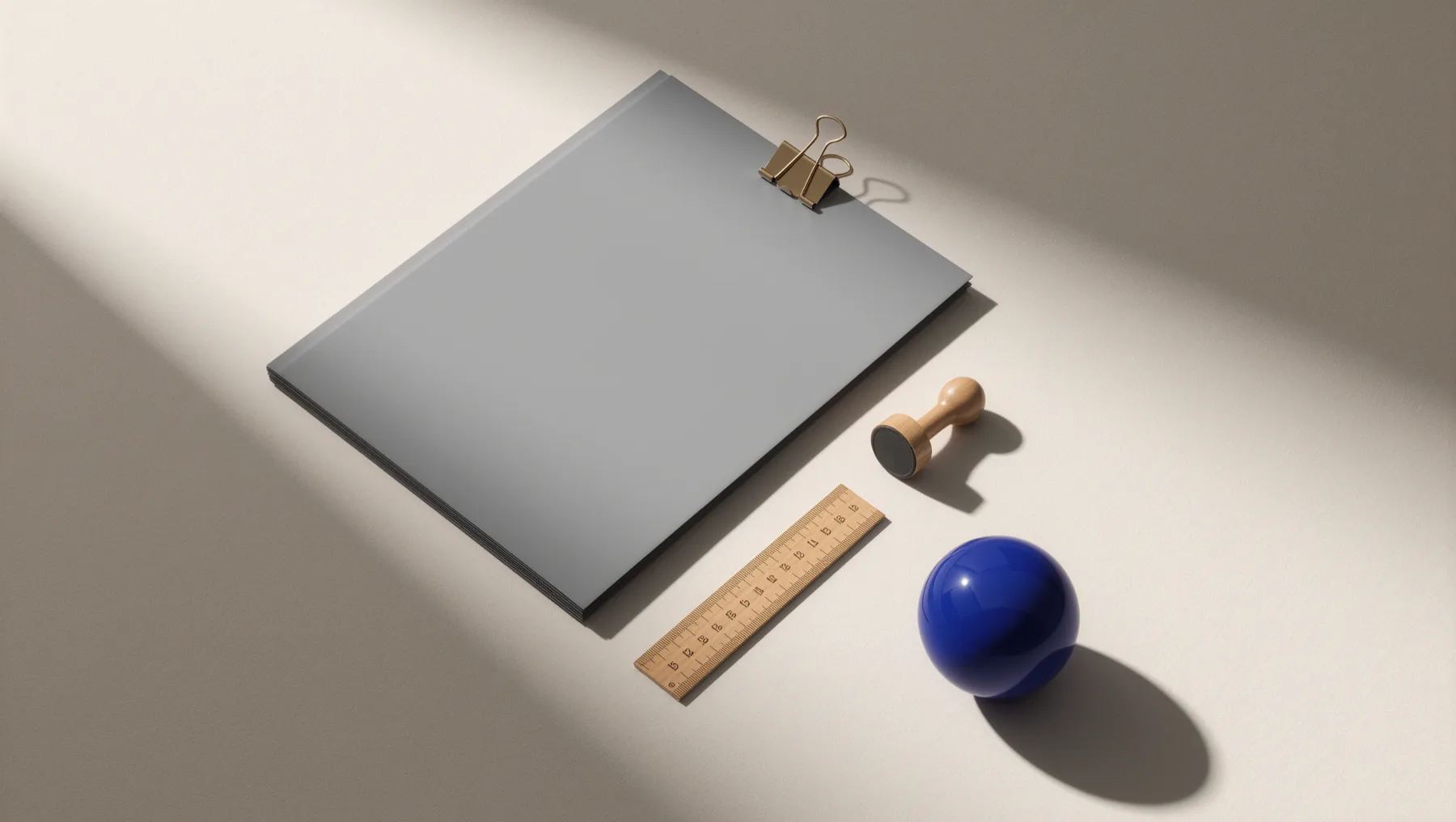 Gray folder with a clip, ruler and stamp, a cobalt-blue sphere beside it